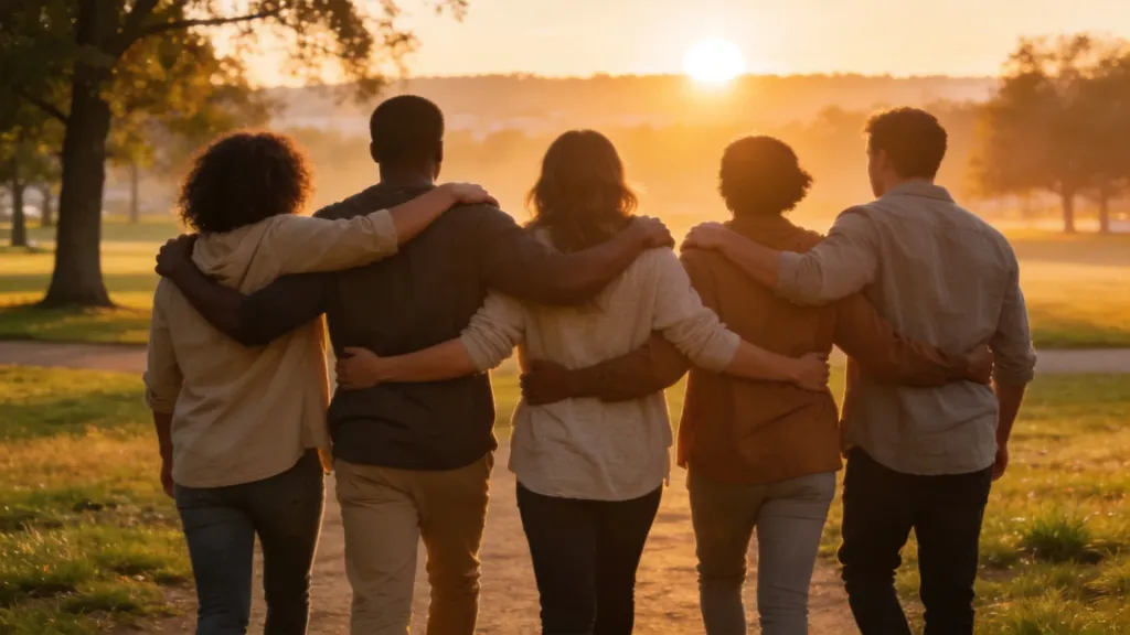 A group of people walking together in a park at sunrise, supporting each other, seen from behind