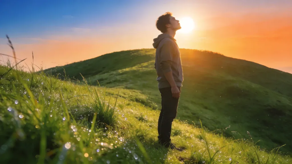 A person breathing in fresh morning air on a green hill at sunrise, facing a bright horizon