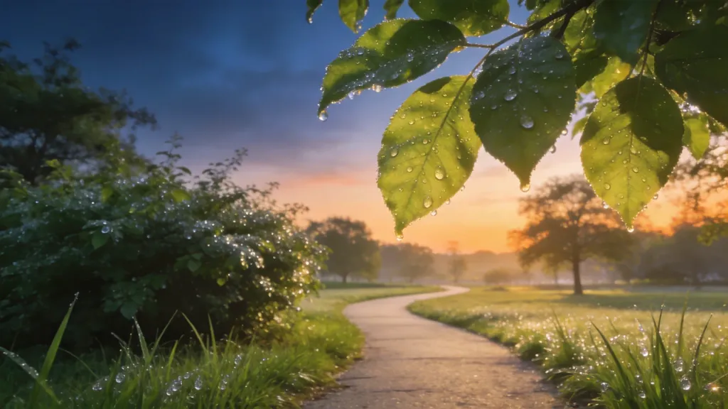 A park path at dawn with fresh green leaves and dew, a new beginning